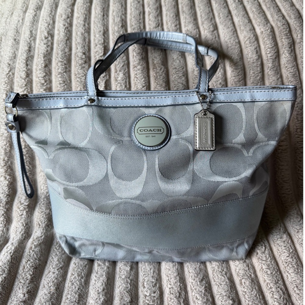 Coach Signature Stripe Grey Jacquard Tote Bag F17433 Silver Hardware